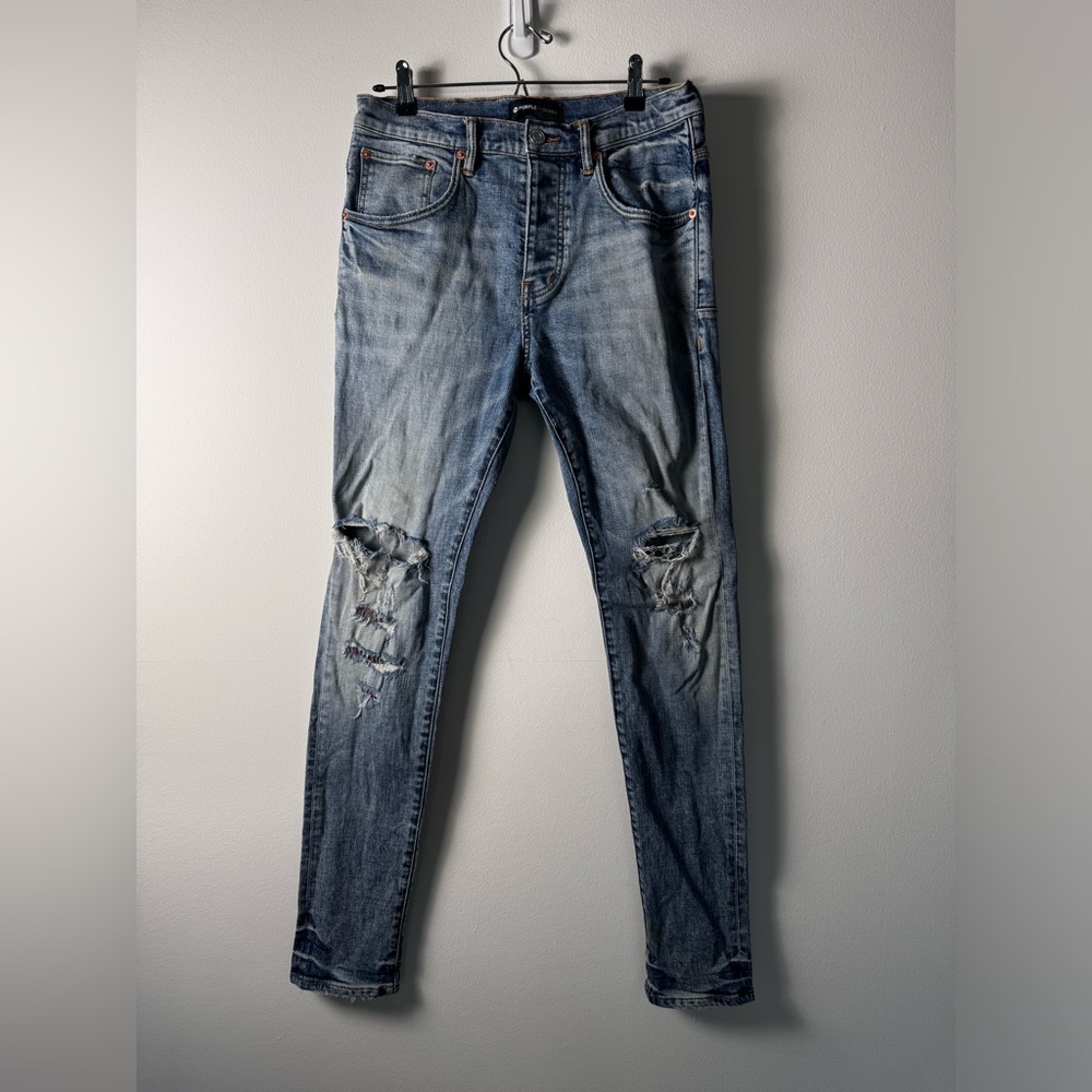 Purple Brand Mens Jeans Size 30 Blue Patches Ripped Skinny Style P002
